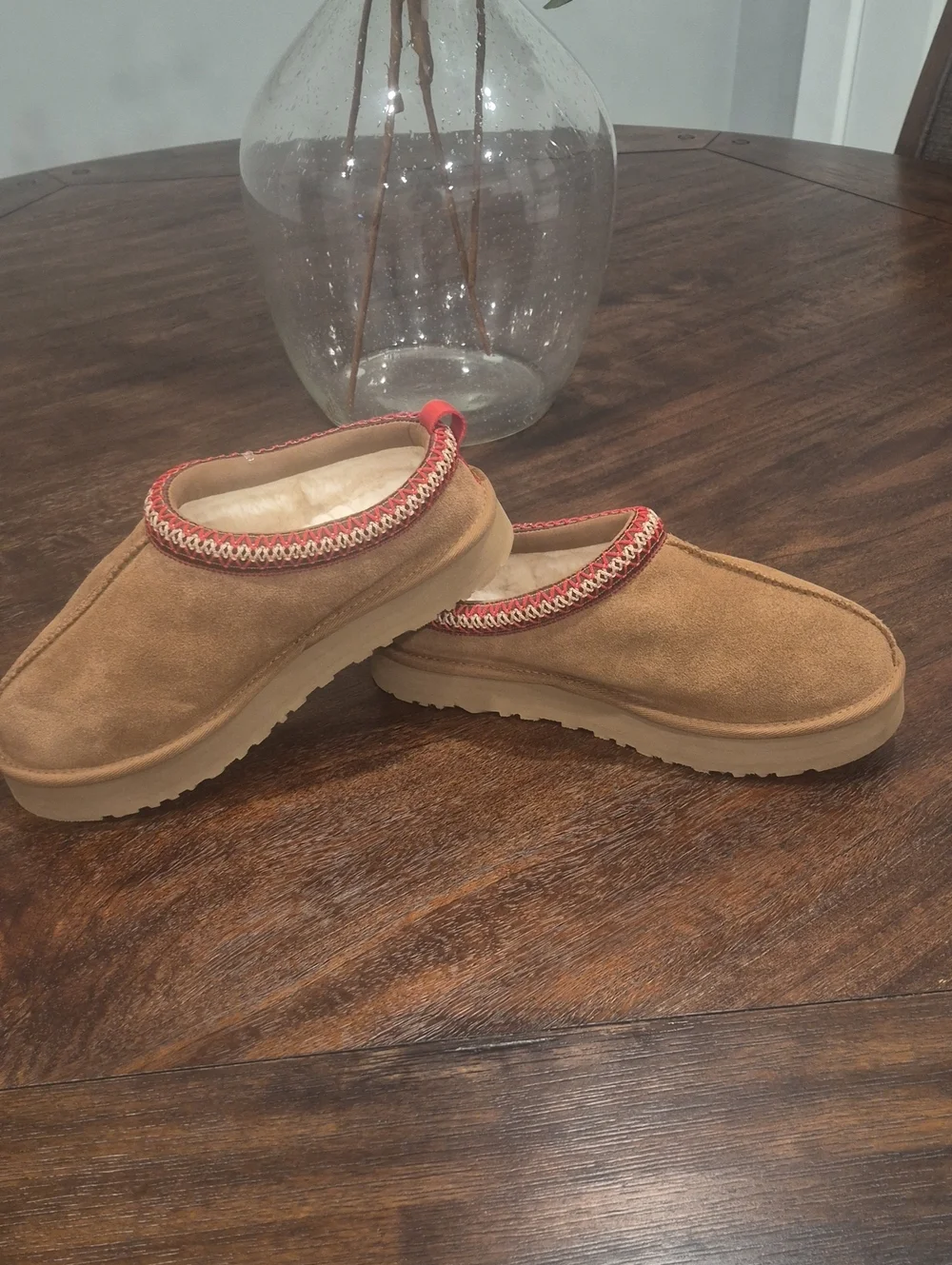 UGG Chestnut Suede Slip-On Shearling Moccasins with Red Trim Youth- 6 / Womens-8